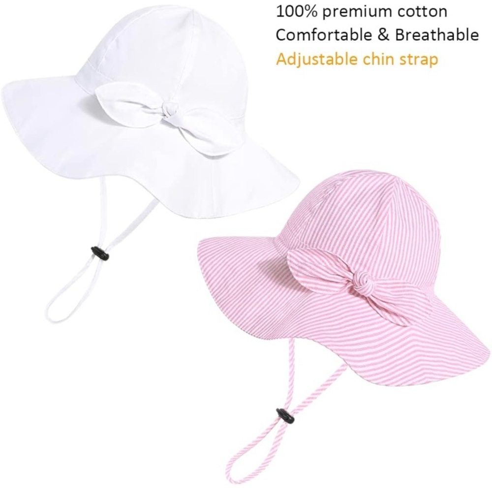 Set of two baby Sun Hat with Bow, 0-6 months 
 - White and Pink - New